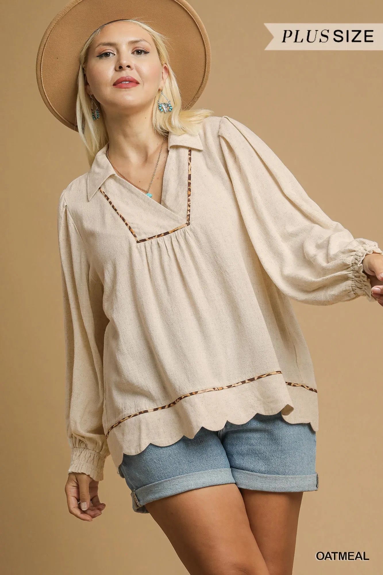 Umgee Full Size Linen Scallop Hem Blouse with Contrast Trim Plus Size Trendsi