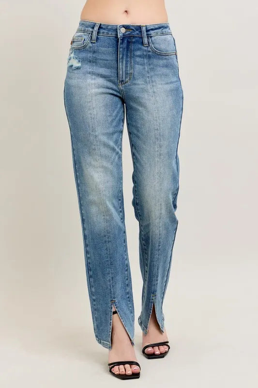 Judy Blue Full Size High Waist Vintage Wash Front Seam & Slit Straight Plus Size MD OutfitFlow