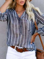 Striped Print V Neck Half Buttons Loose Blouse OutfitFlow