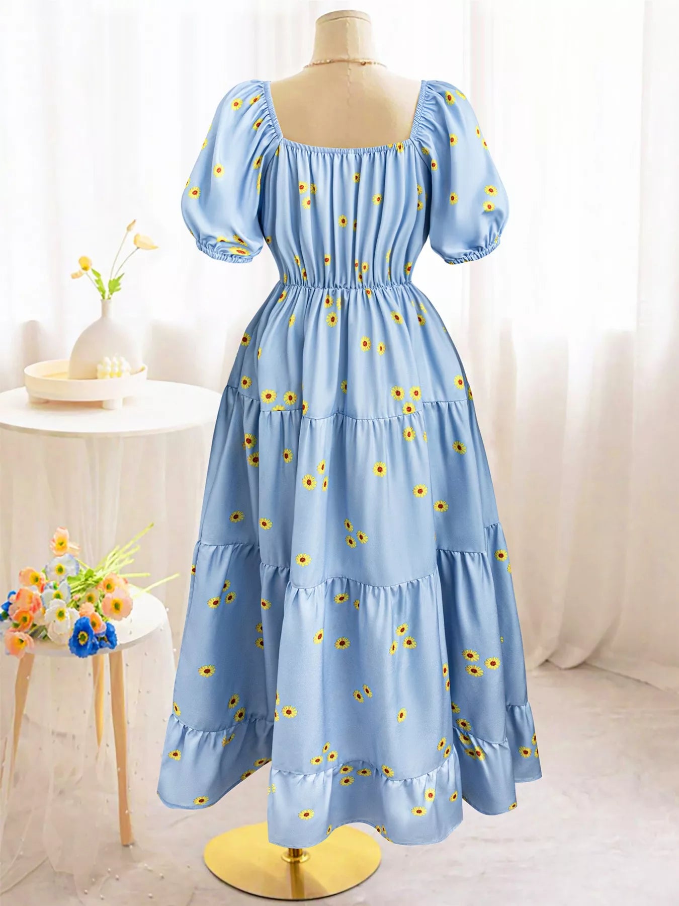 Daisy Print Puff Sleeve Tiered Maxi Dress OutfitFlow