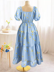 Daisy Print Puff Sleeve Tiered Maxi Dress OutfitFlow