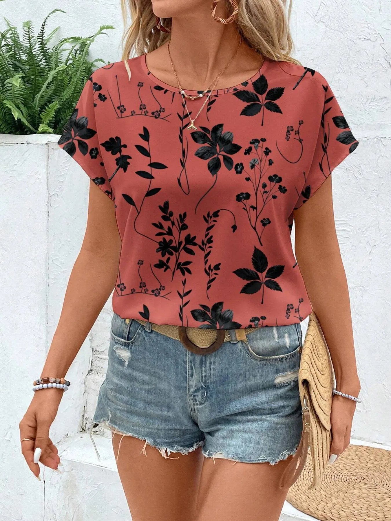 Printed Round Neck Short Sleeve Blouse OutfitFlow