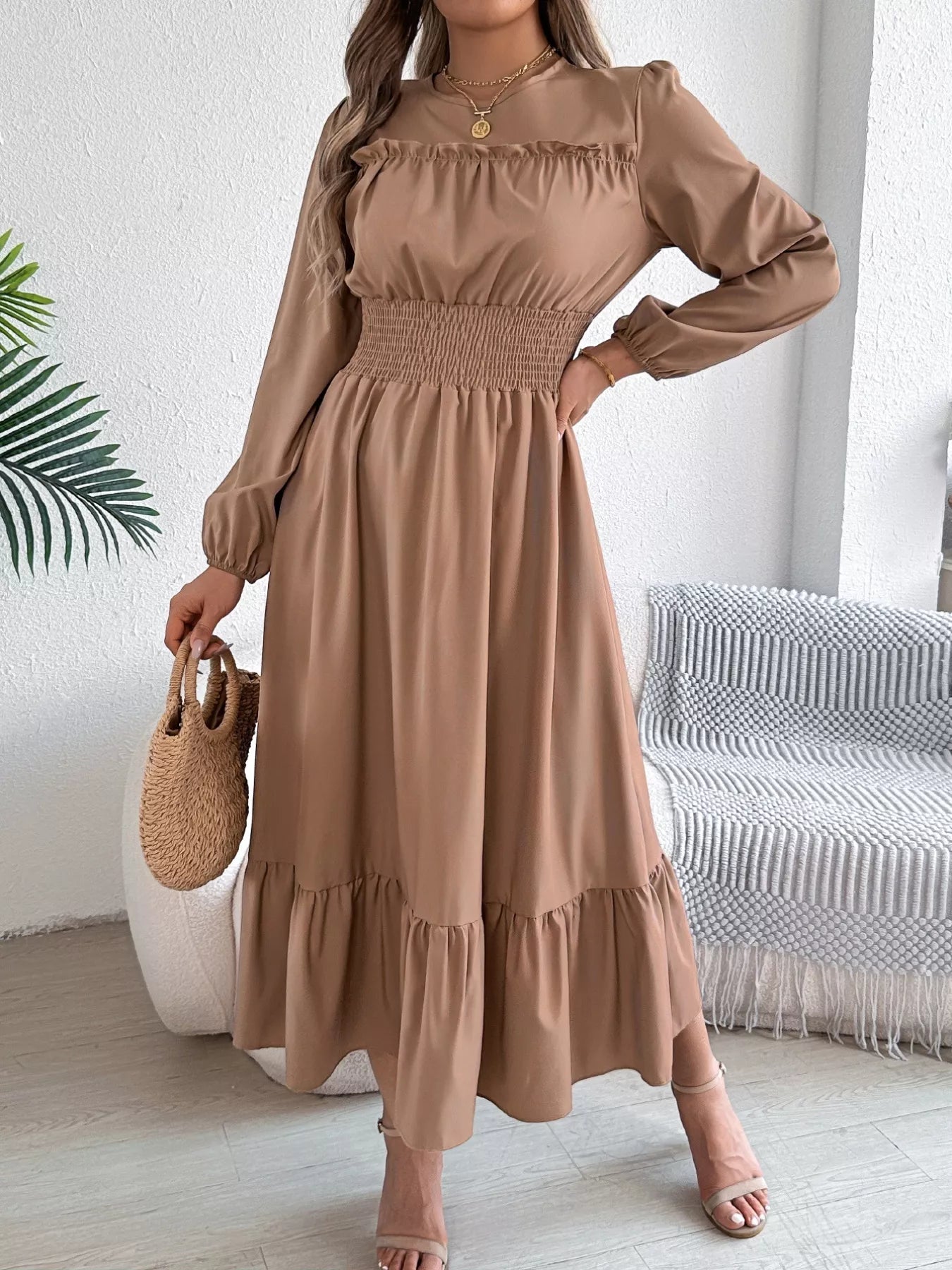 Round Neck Balloon Sleeve Tiered Dress OutfitFlow