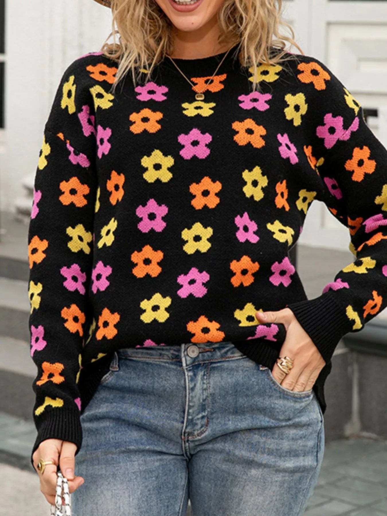 Floral Crew Neck Sweater Trendsi