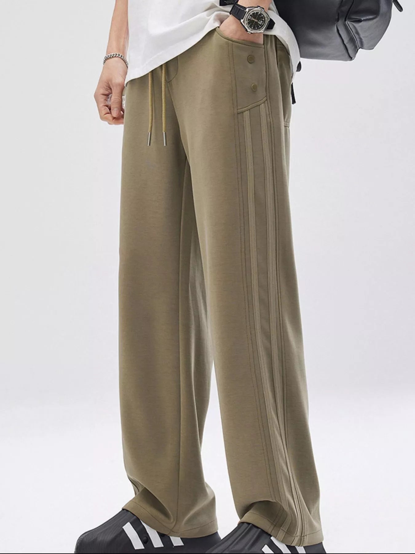 Men's Full Size Side Stripes Drawstring Wide Leg Pants Plus Size Coffee Trendsi