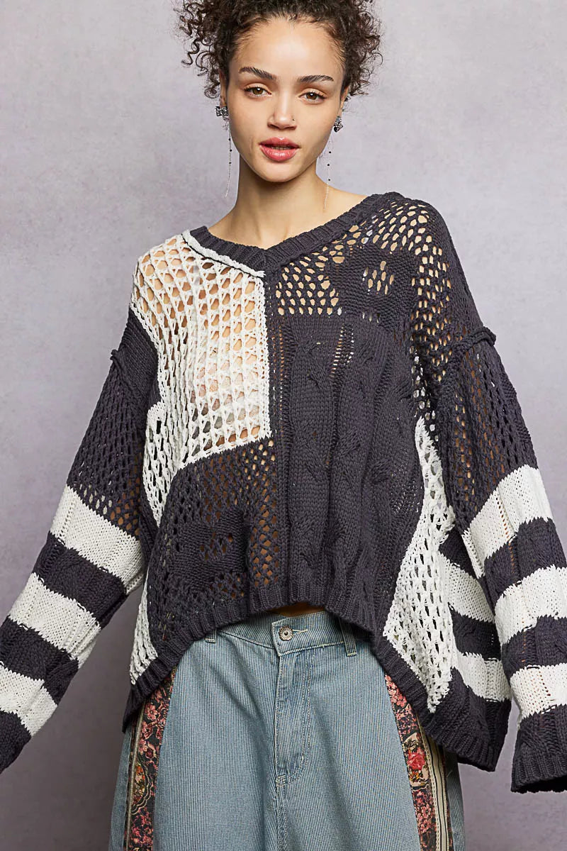 POL Color-Blocked Stripe Pattern Knit Top with Twisted Weave OutfitFlow