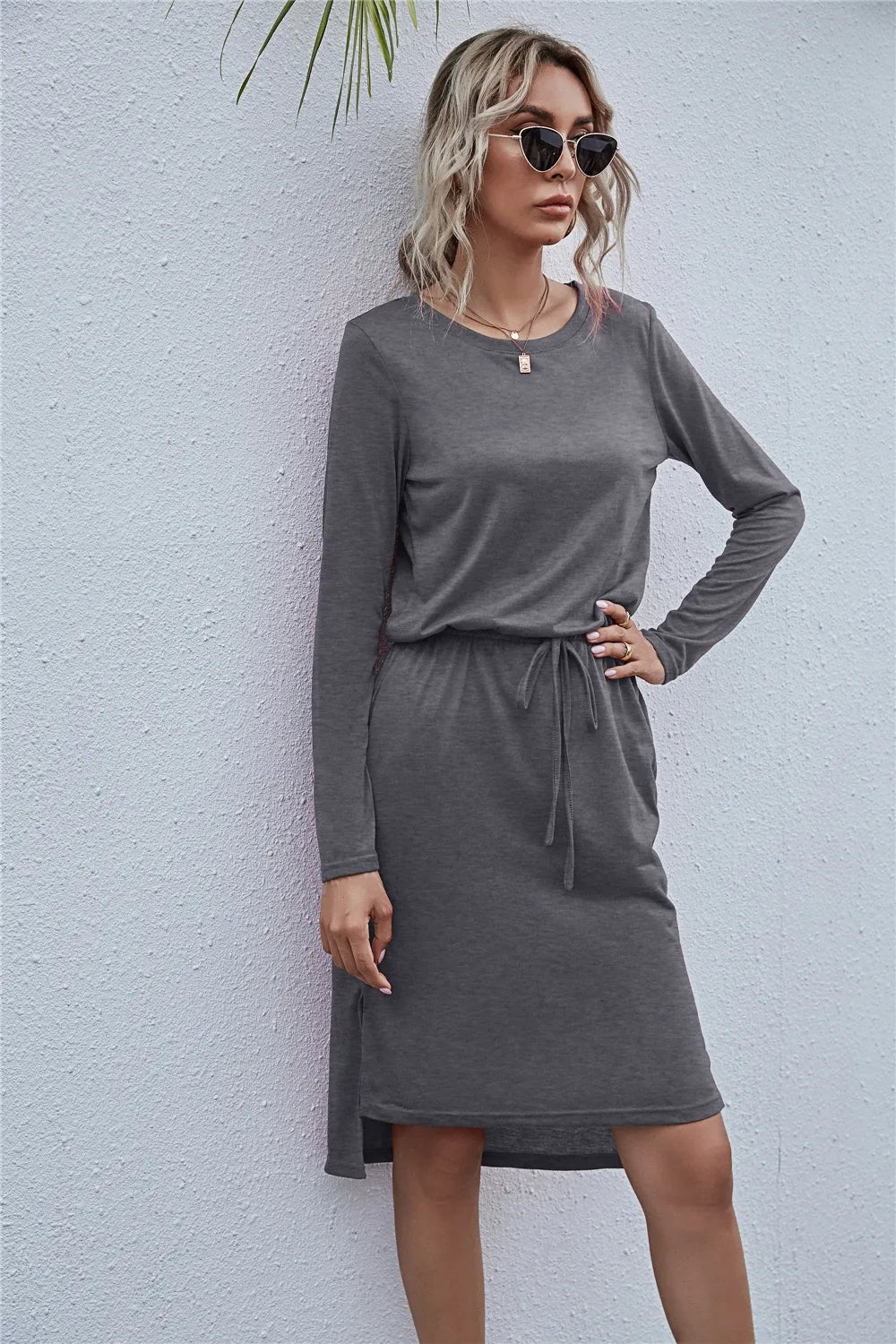 Drawstring Waist Round Neck Long Sleeve Dress Dark Gray OutfitFlow