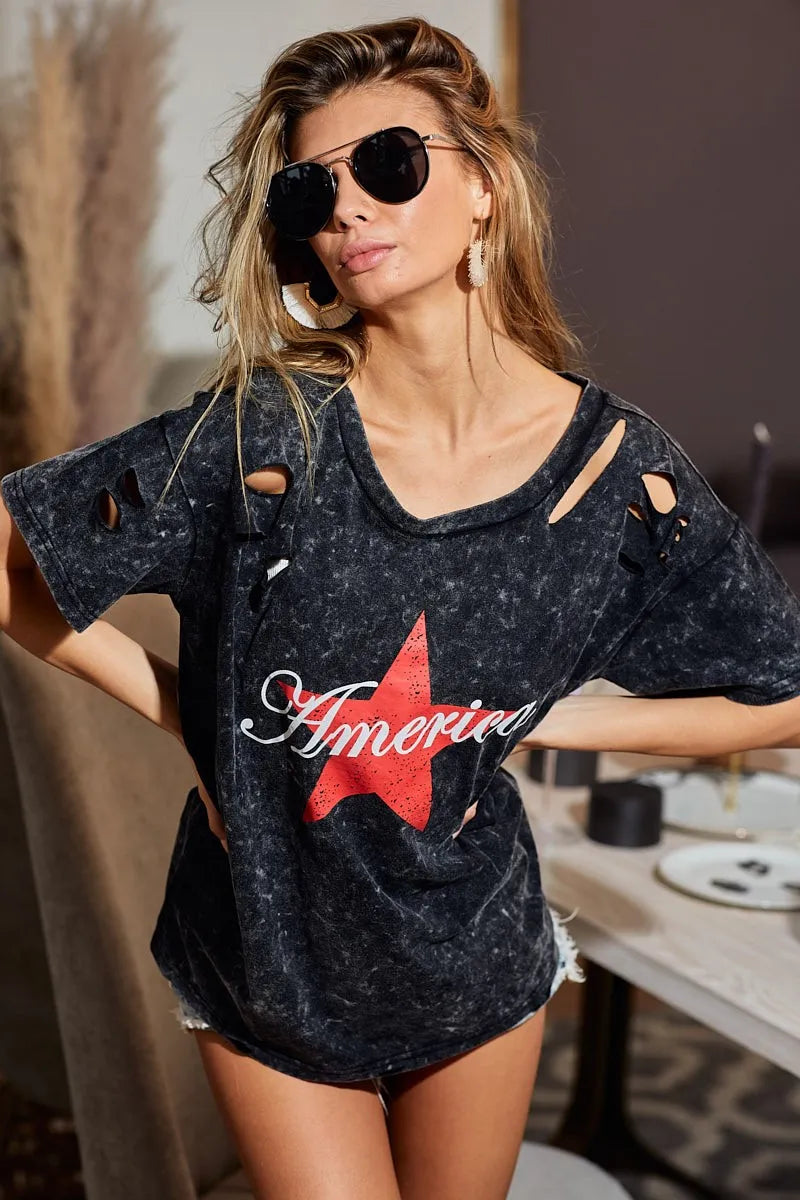 BiBi Laser Cut Mineral Washed Jersey Top with America OutfitFlow