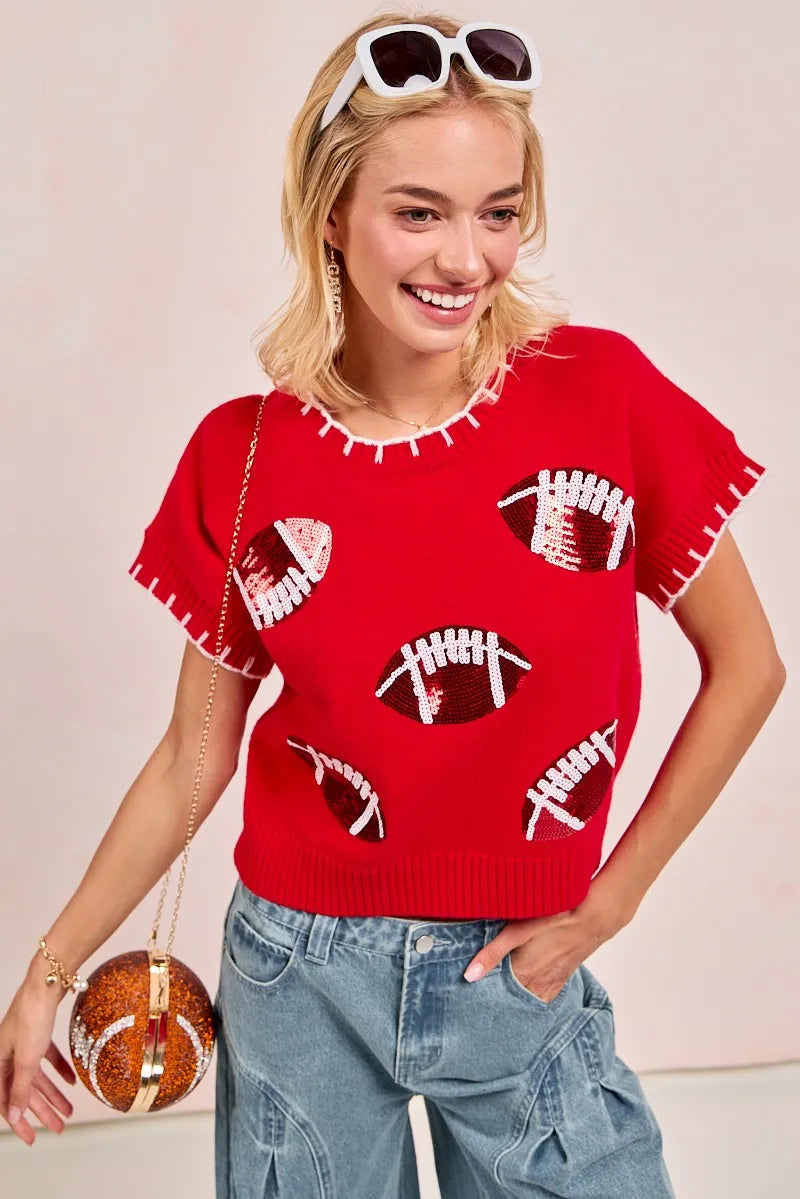 BiBi Gameday Sequin Football Embroidered Stitch Sweater OutfitFlow
