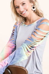 BiBi Jersey Knit Top with Tie Dye Laser Cut Sleeves OutfitFlow