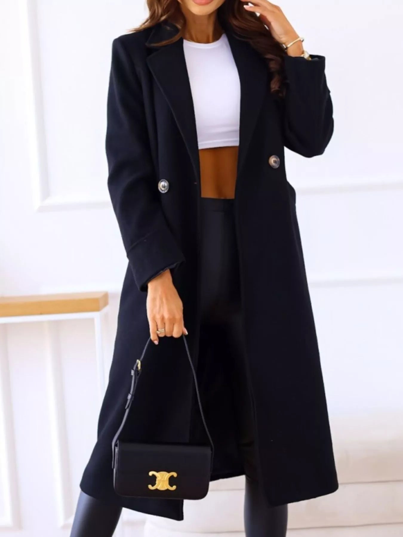 Lapel Collar Wool Blend Overcoat Black OutfitFlow