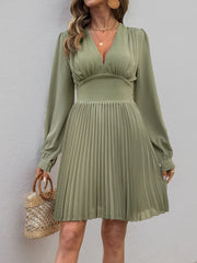 Pleated Long Sleeve V-Neck Dress OutfitFlow