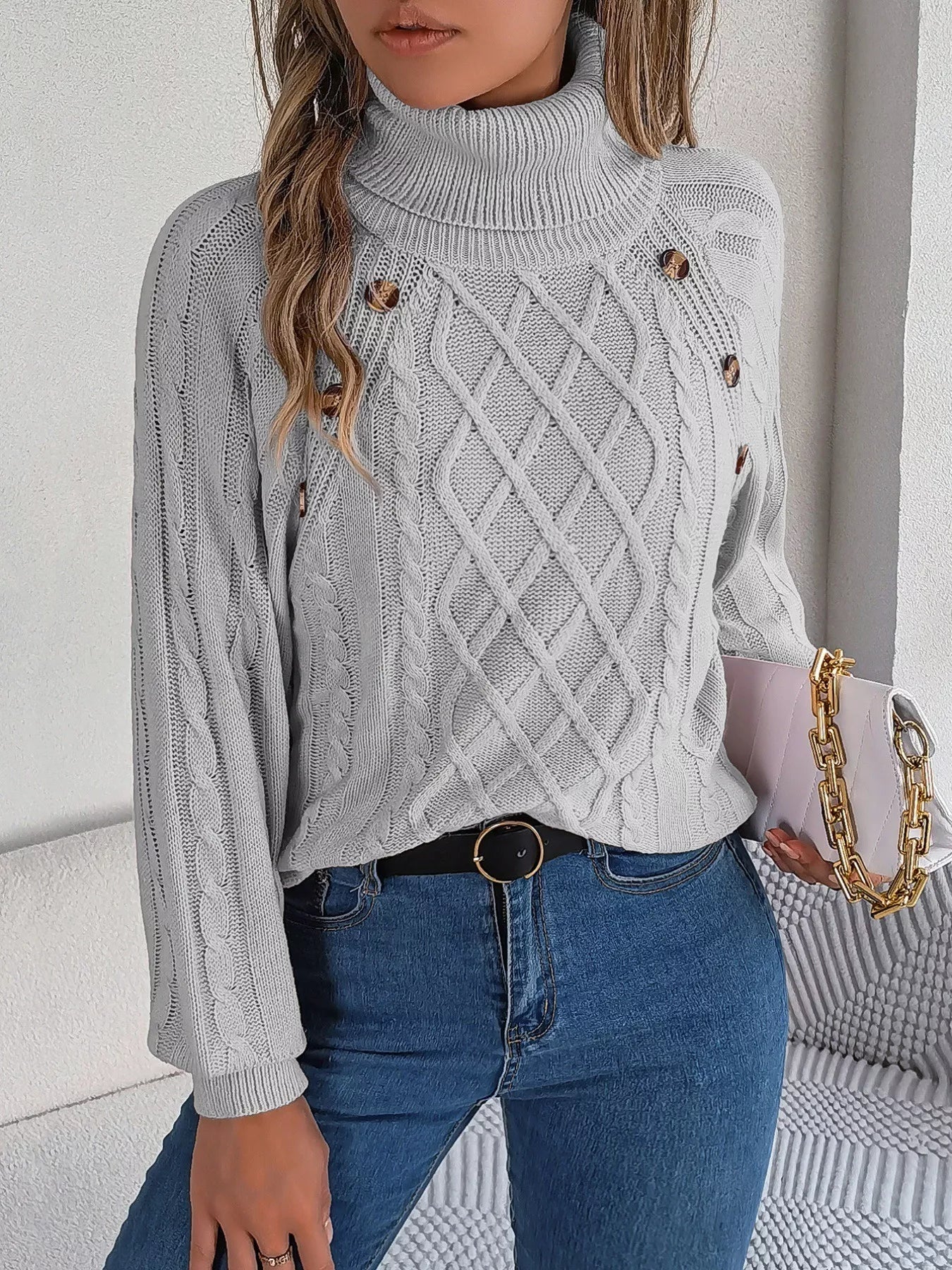 Cable Knit Turtleneck Long Sleeve Sweater OutfitFlow