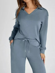 Full Size Johnny Collar Long Sleeve Top and Pants Plus Size OutfitFlow