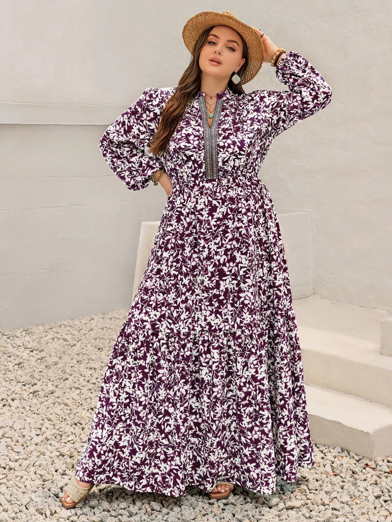 Plus Size Floral Print Maxi Dress with Long Sleeves OutfitFlow