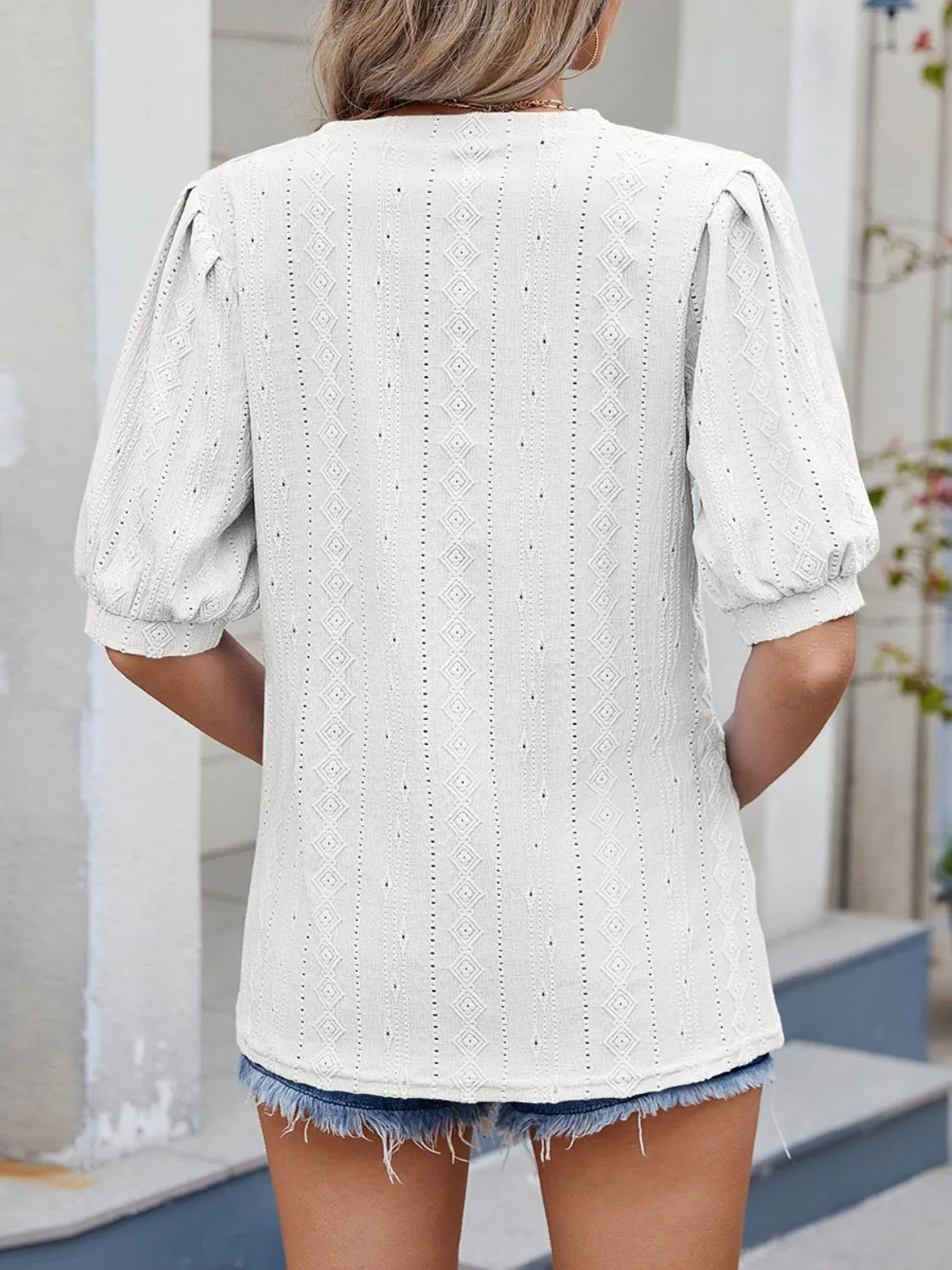 Puff Sleeve V-Neck Eyelet Lace T-Shirt OutfitFlow