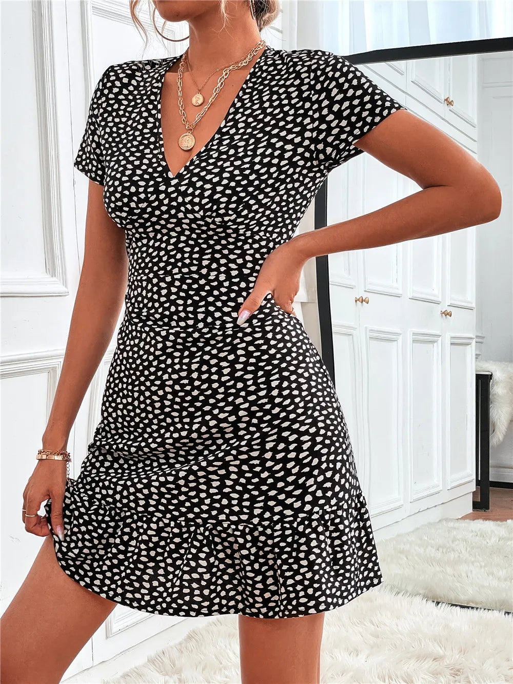 Printed Ruffled Hem V-Neck Short Sleeve Mini Dress OutfitFlow
