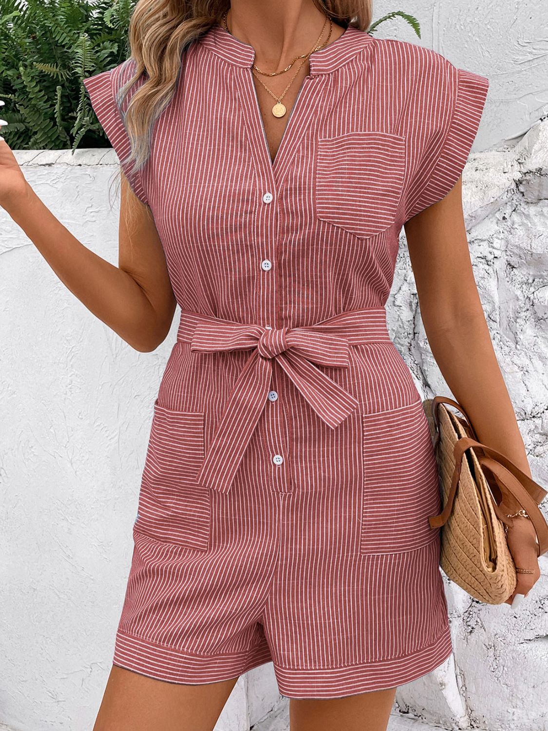 Outfit Flow - Perfee Striped Notched Tie Waist Romper