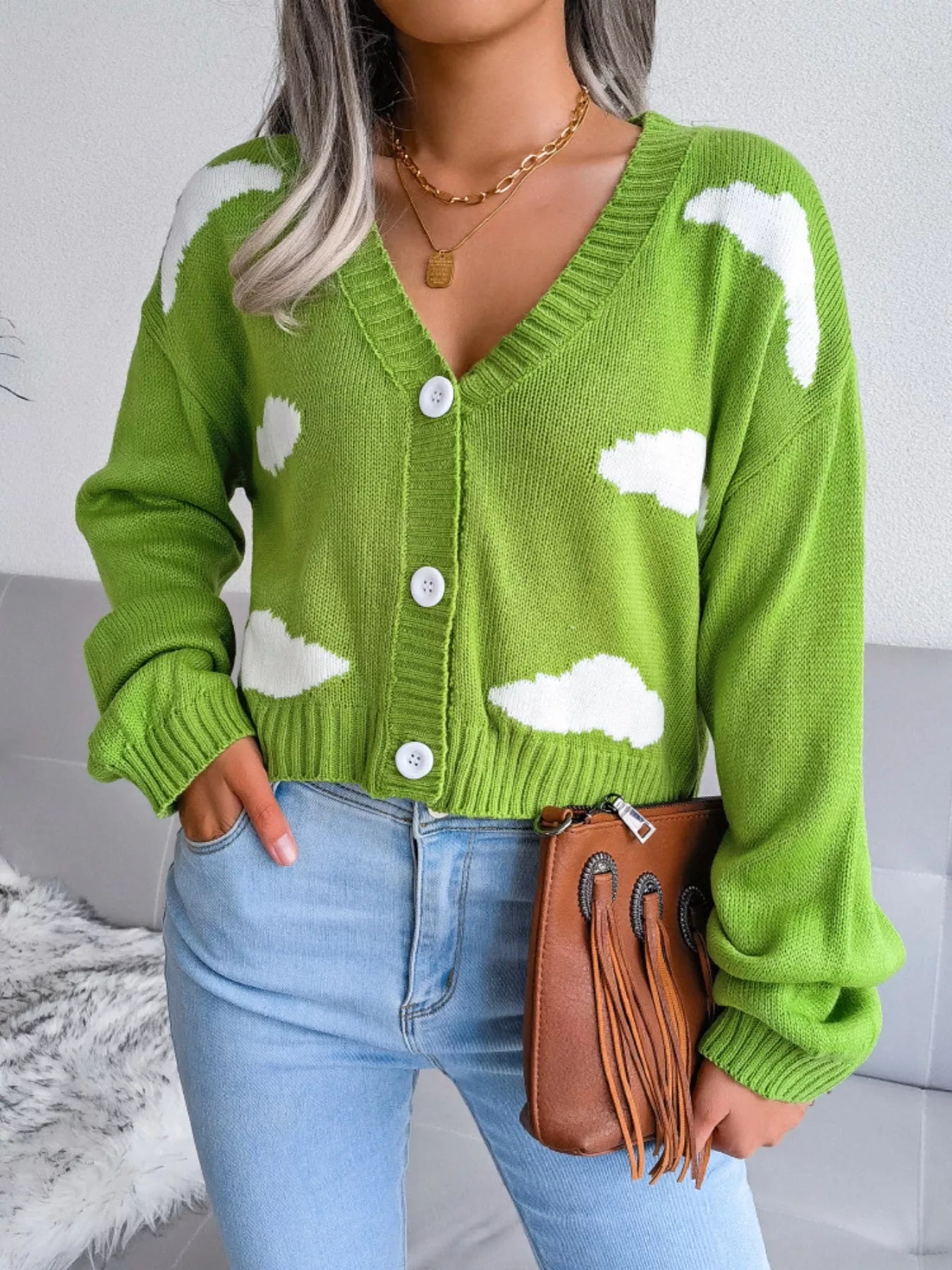 Cloud Pattern Button-Up Cropped Cardigan Lime OutfitFlow