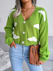 Cloud Pattern Button-Up Cropped Cardigan Lime OutfitFlow