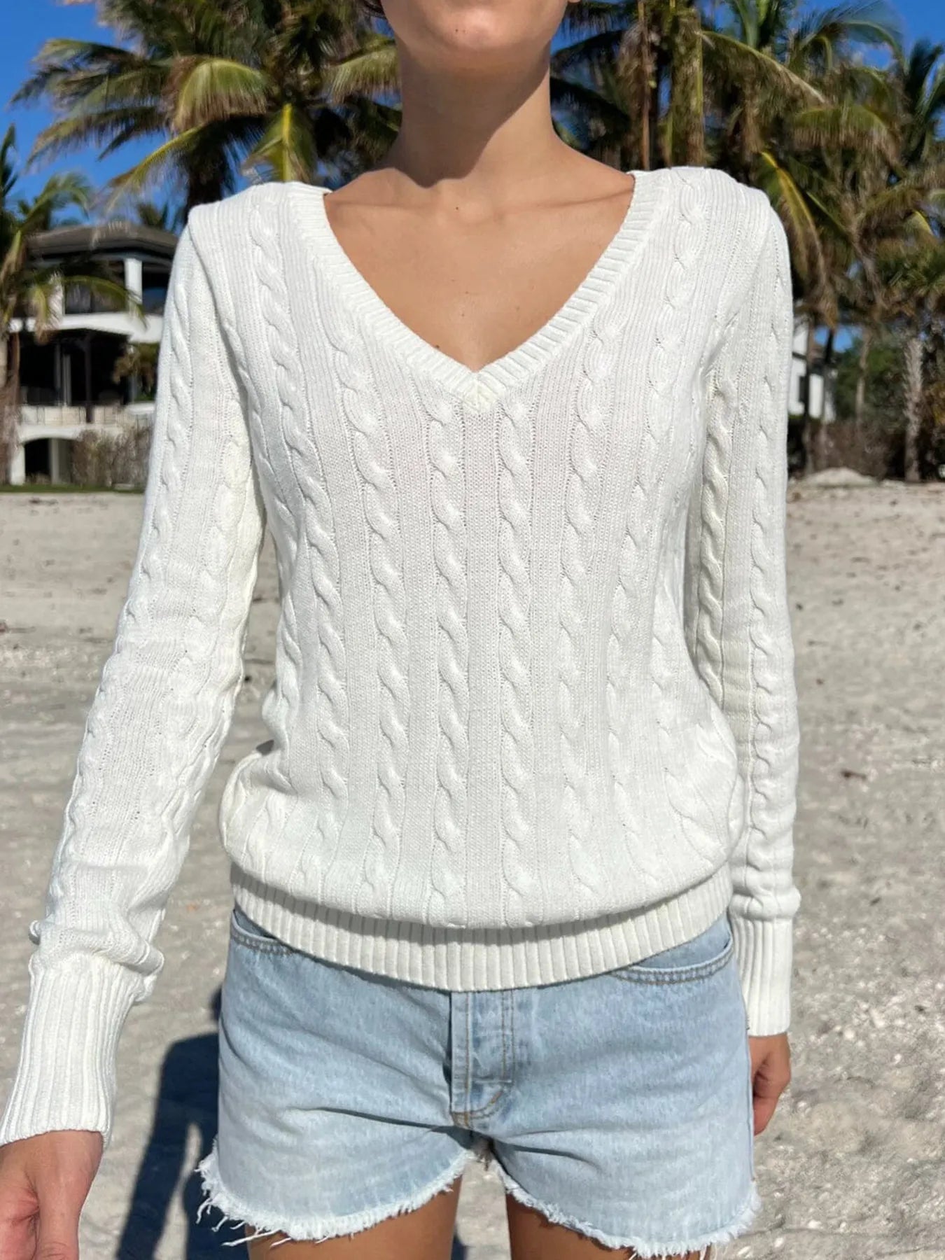 Cable Knit V-Neck Sweater Trendsi