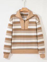 Stripe Zip Collar Patchwork Vintage Sweatshirt OutfitFlow