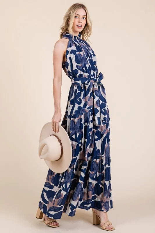 Lime 'N' Chili Abstract Halter Neck Tie-Waist Tiered Maxi Dress OutfitFlow