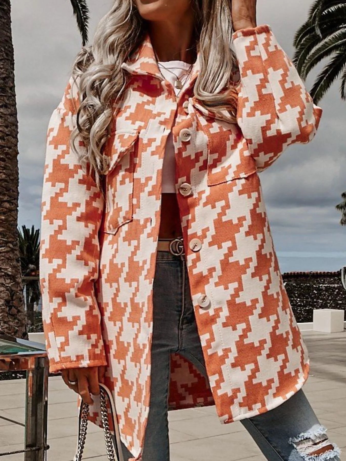 Houndstooth Button Up Long Sleeve Outerwear OutfitFlow