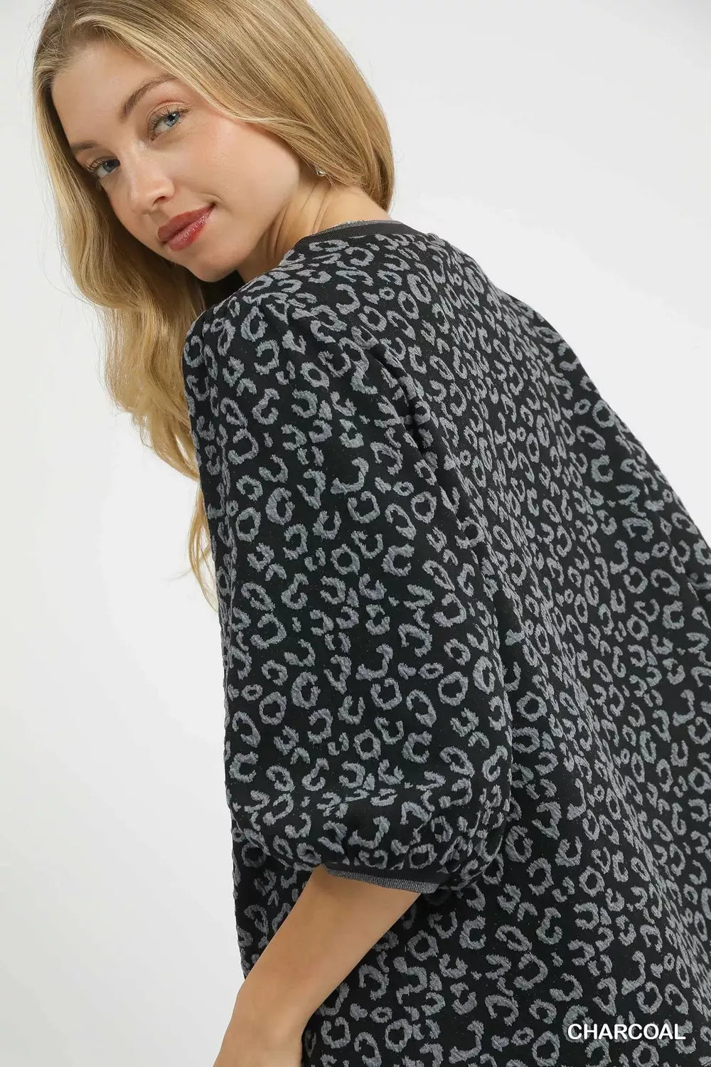 Umgee Leopard Print Jacquard Blouse with Puff Sleeves OutfitFlow