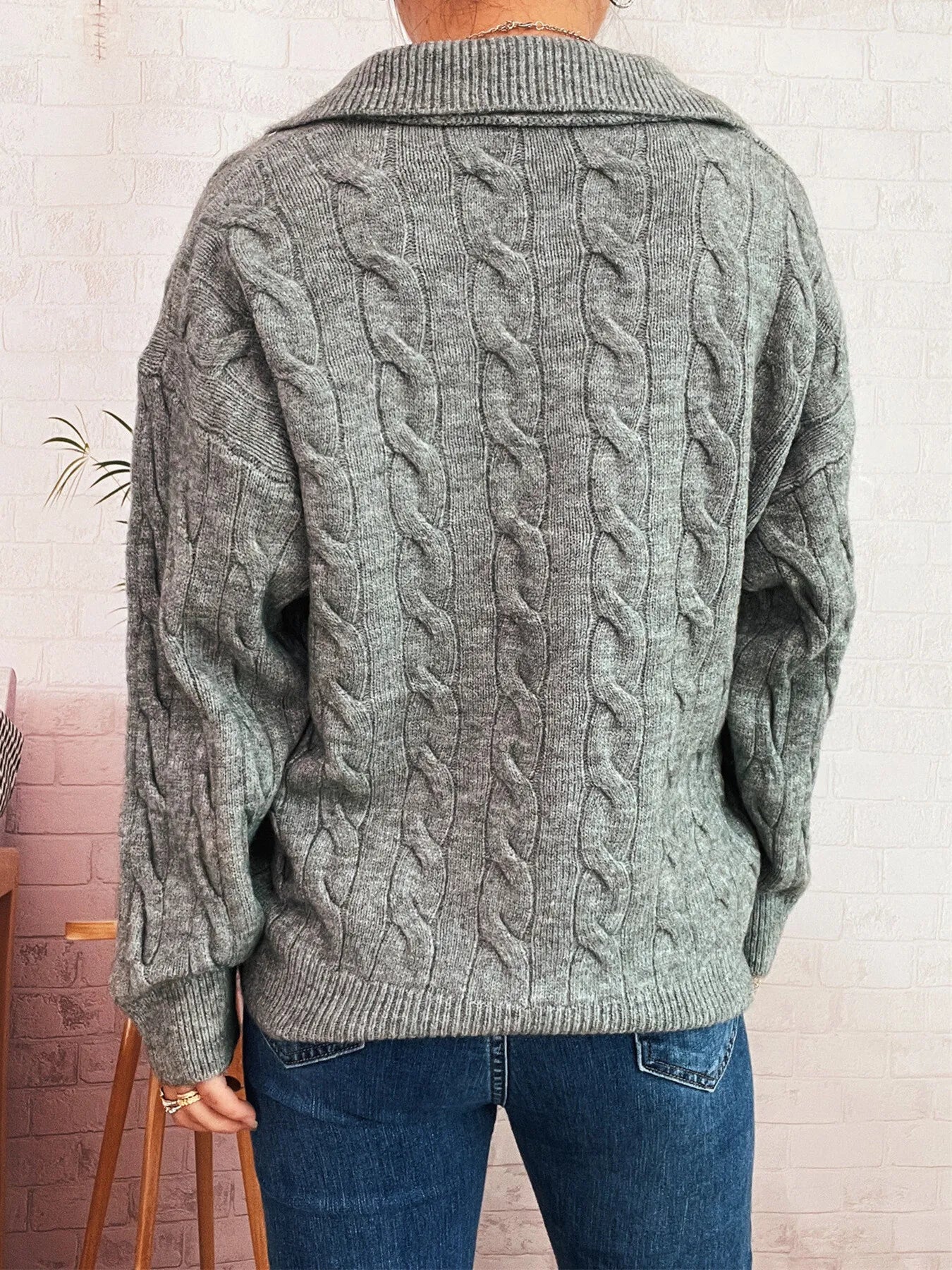 Cable Knit Johnny Collar Sweater Trendsi