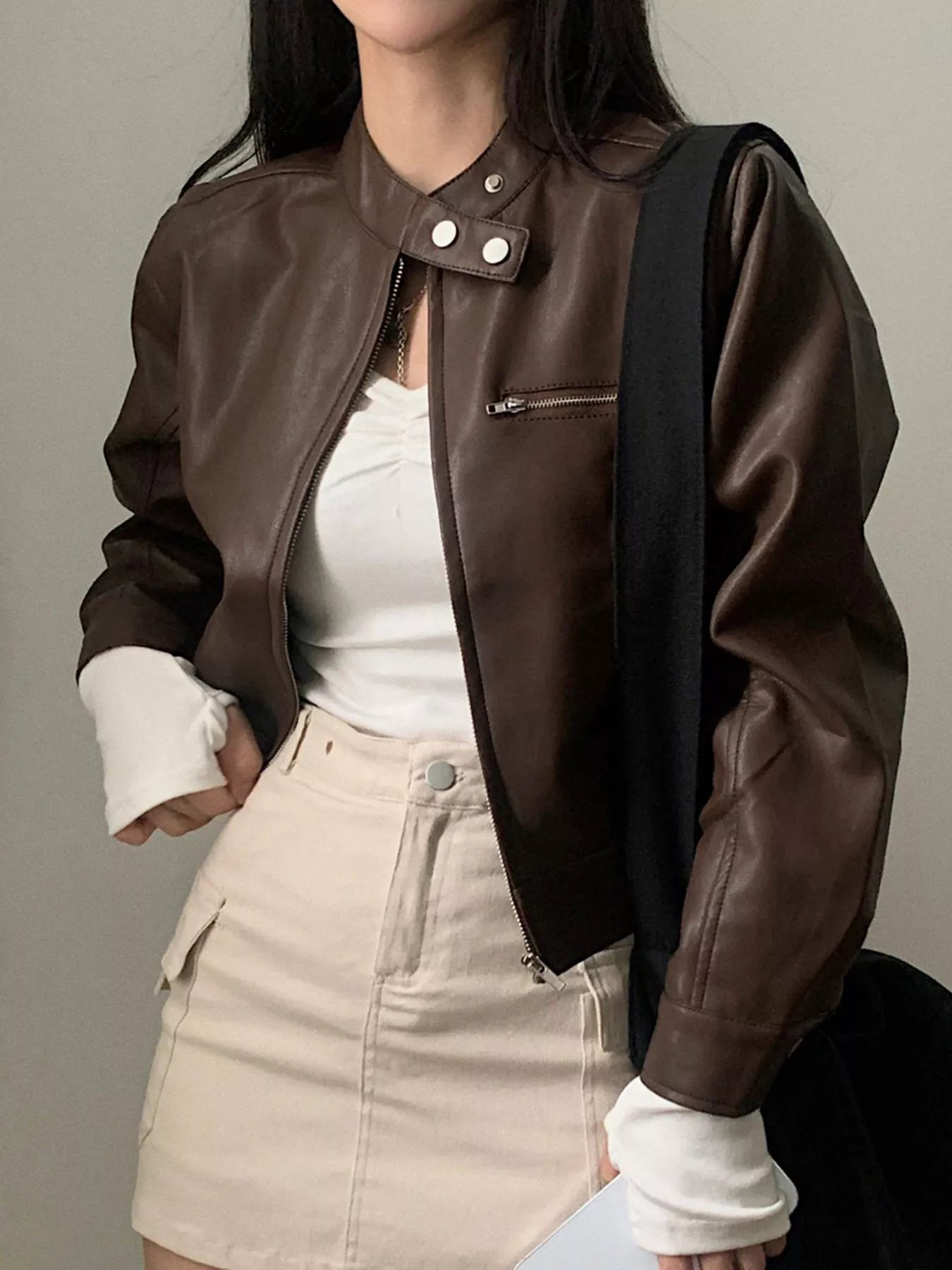 Cropped Zip Up Leather Jacket Brown Trendsi