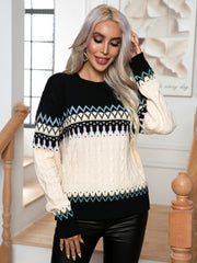 Round Neck Cable-Knit Sweater OutfitFlow