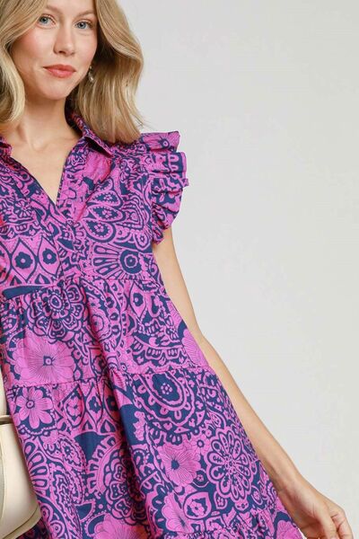 Umgee Full Size Printed Ruffle Cap Sleeve Babydoll Dress Plus Size OutfitFlow
