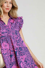 Umgee Full Size Printed Ruffle Cap Sleeve Babydoll Dress Plus Size OutfitFlow