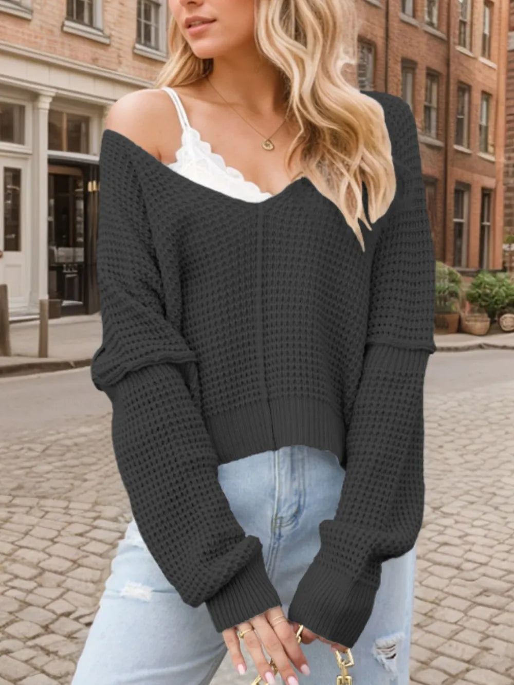 V-Neck Long Sleeve Sweater OutfitFlow