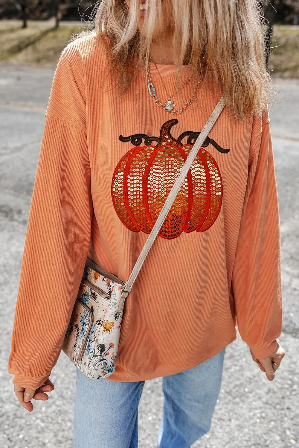 Sequin Pumpkin Round Neck Long Sleeve Sweatshirt OutfitFlow