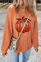 Sequin Pumpkin Round Neck Long Sleeve Sweatshirt OutfitFlow