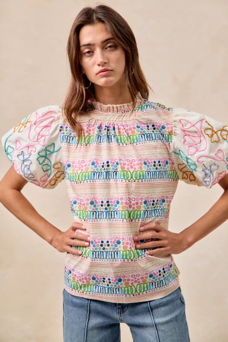 BiBi Ruffle Neckline Blouse With Embroidery Bubble Sleeve OutfitFlow