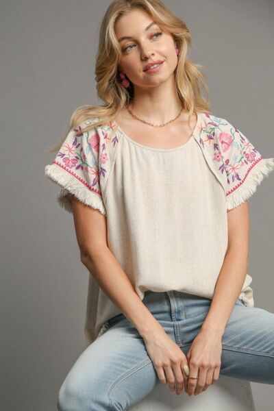 Umgee Full Size Linen Round Neck High Low Hem Frayed Top Plus Size OATMEAL OutfitFlow