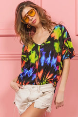 BiBi Tie Dye Print Jersey Stitched V Neck Top OutfitFlow
