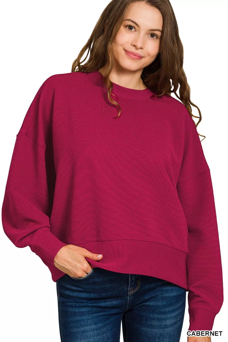 Zenana Ribbed Round Neck Pullover and Drawstring Pants Set OutfitFlow