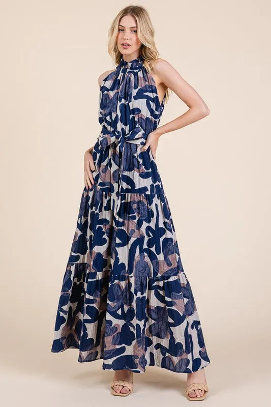 Lime 'N' Chili Abstract Halter Neck Tie-Waist Tiered Maxi Dress OutfitFlow