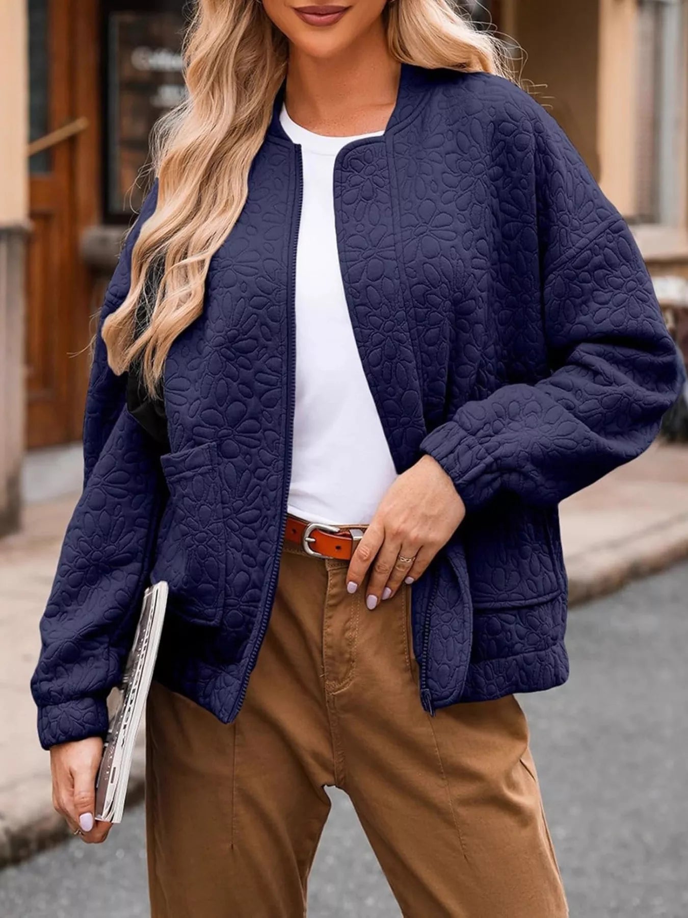 Full Size Floral Quilted Zip Up Jacket Plus Size Navy Blue Trendsi