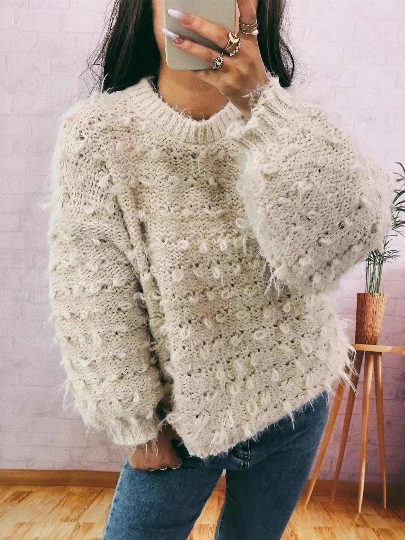 Chunky Round Neck Long Sleeve Sweater OutfitFlow