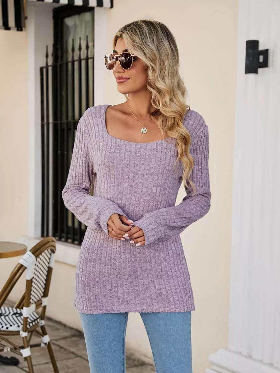 Ribbed Square Neck Long Sleeve T-Shirt Trendsi