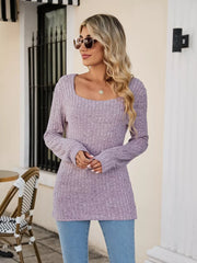 Ribbed Square Neck Long Sleeve T-Shirt Trendsi