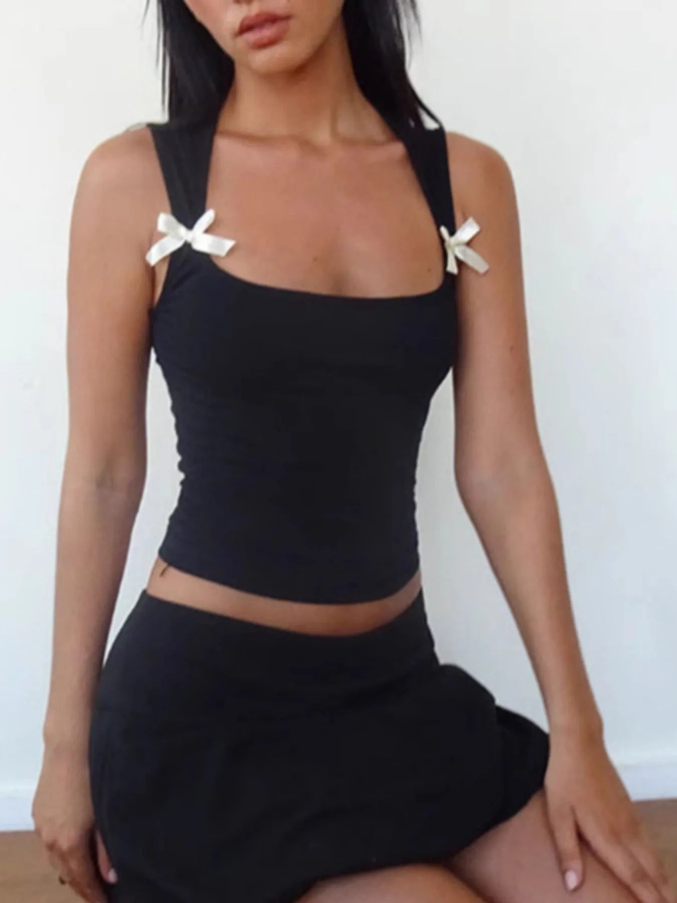 Bow Detail Square Neck Cropped Tank OutfitFlow