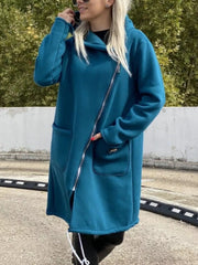 Full Size Asymmetrical Zip-Up Hooded Fleece Outerwear Plus Size Blue Trendsi