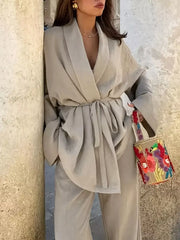 Plus Size Belt Long Sleeve Blazer and Pants Set OutfitFlow