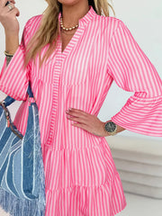 Stripe Flare Sleeve Half Placket Tiered Flowy Mini Dress Pink OutfitFlow